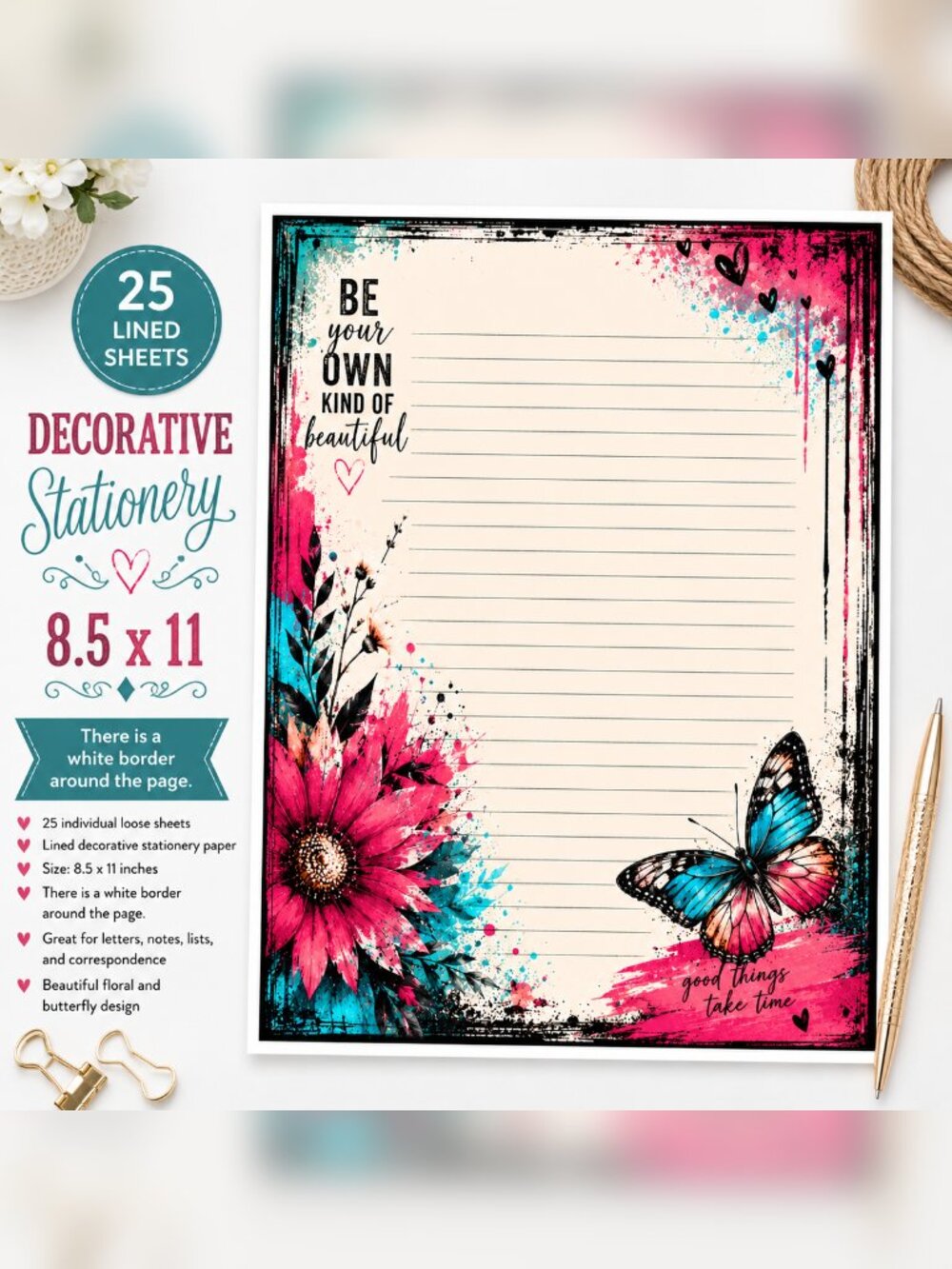 Be Your Own Kind of Beautiful Decorative Stationery 25 Lined Sheets 8.5x11